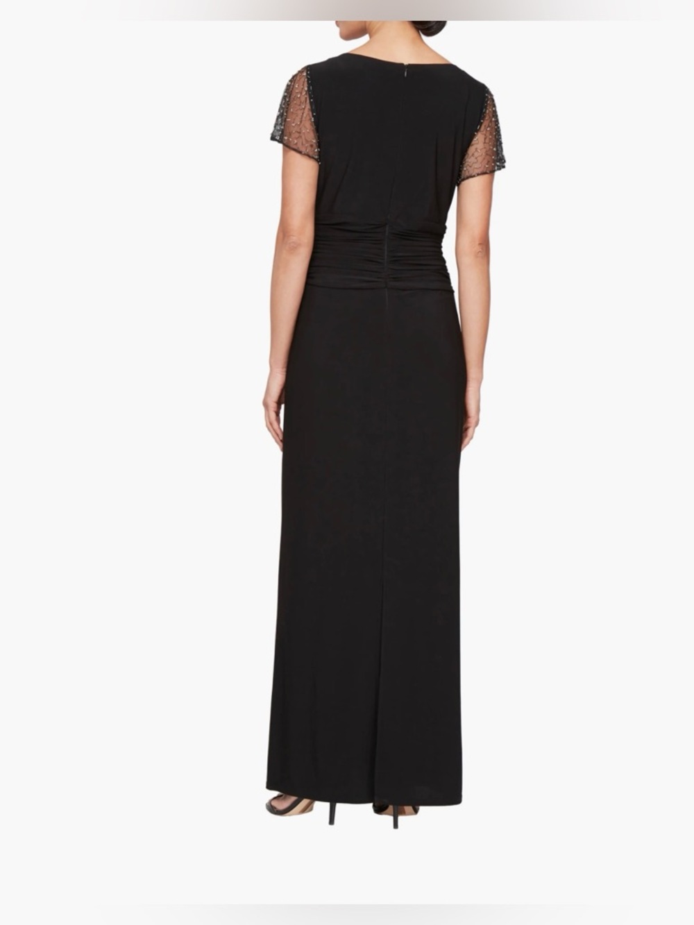 SL Fashion Ruched Beaded Flutter Sleeve Column Black Maxi Dress NWOT Size 10P - Picture 2 of 11